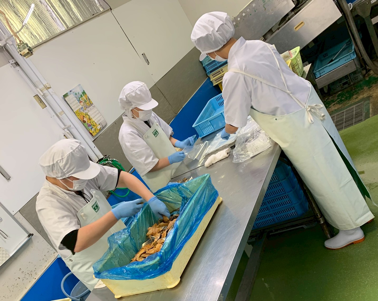 水産加工場での魚の切身処理の様子