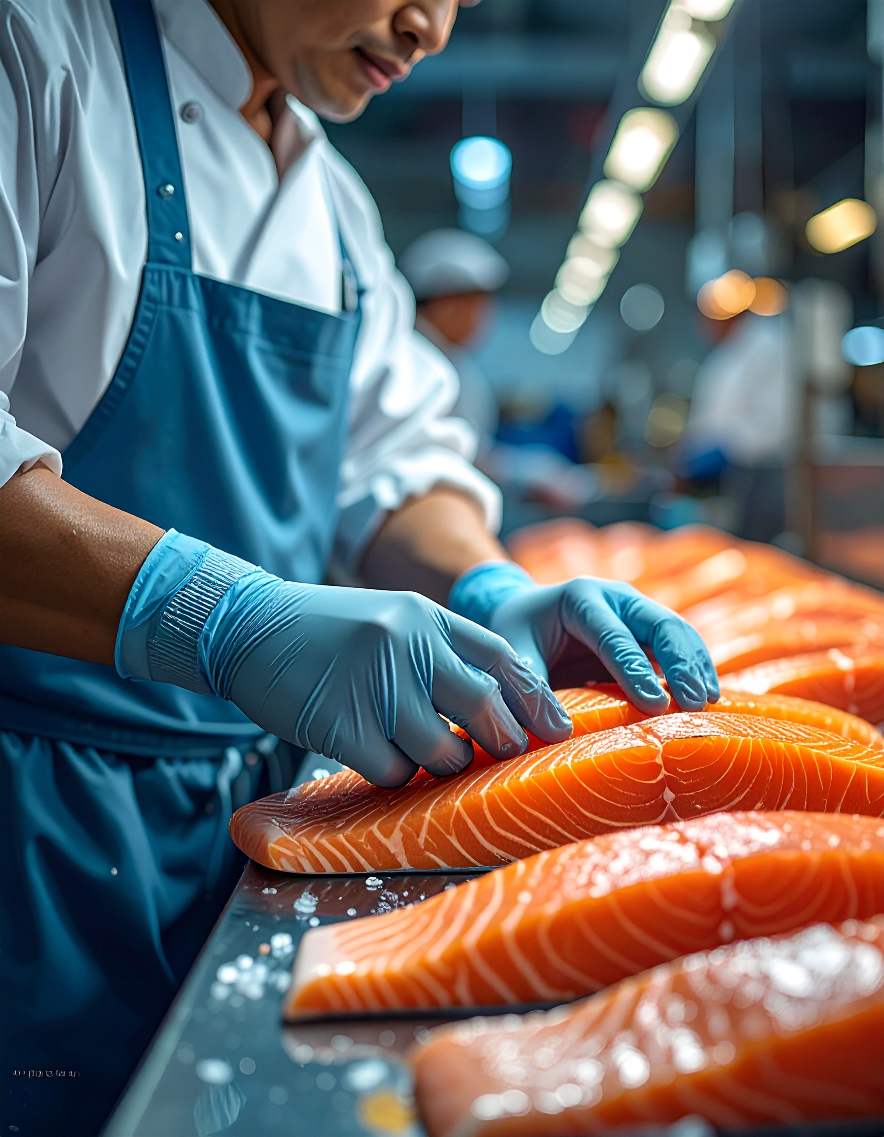 オス鮭の切り身の製造風景